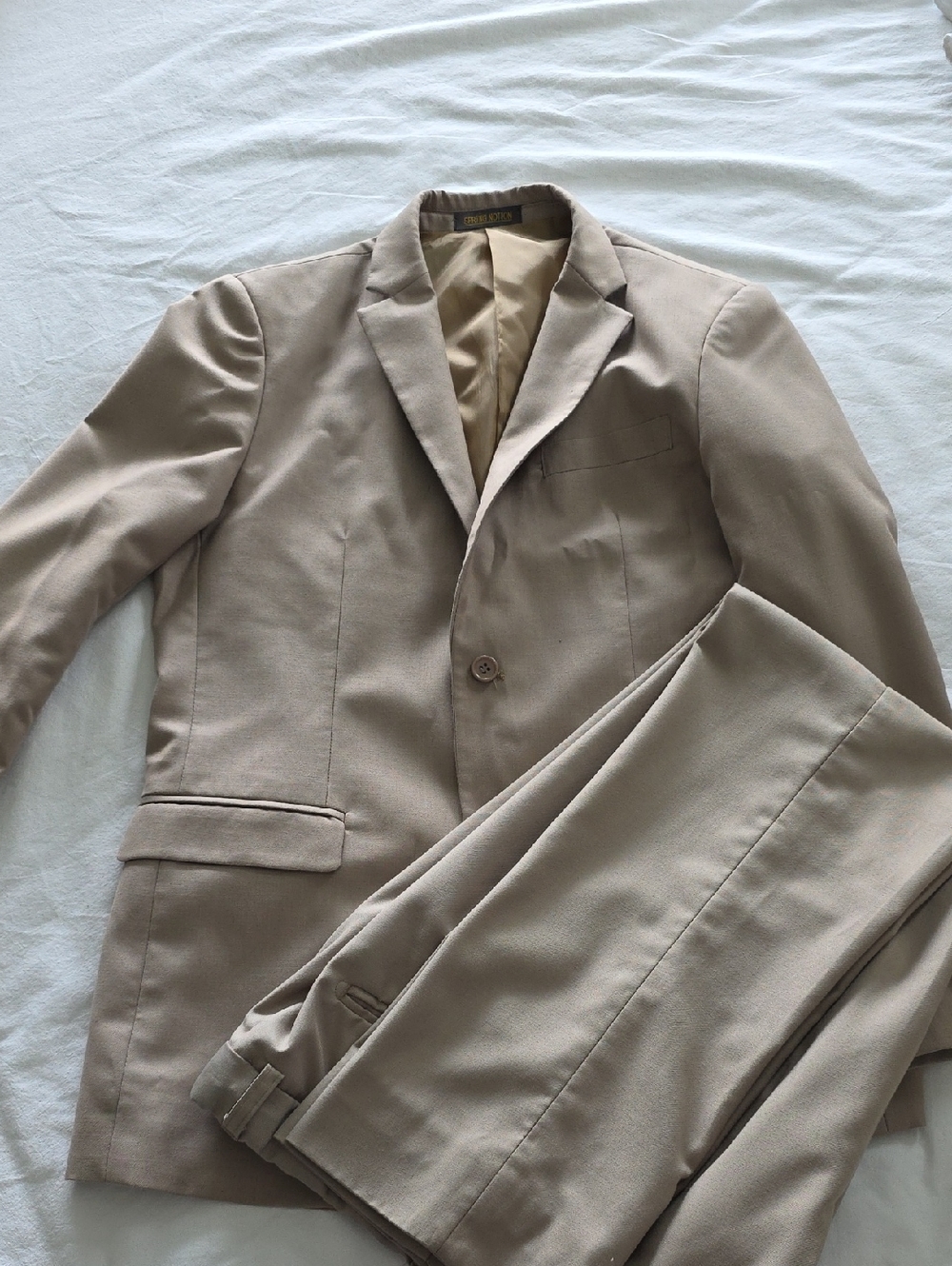 Boys Tan Three-Piece Suit Jacket & Pants And Vest